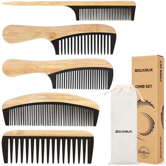 5 Pcs Handmade Bamboo Anti-Static Comb Set for Women and Men
